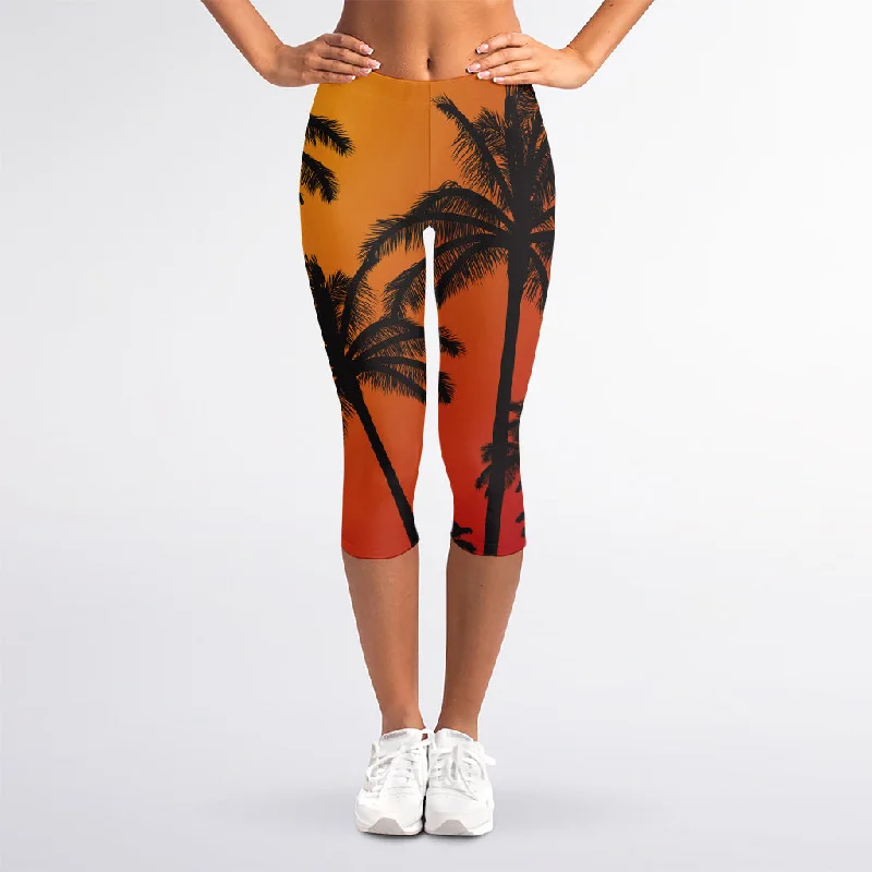 Seasonal Clearance Tropical Palm Tree Sunset Print Women's Capri Leggings