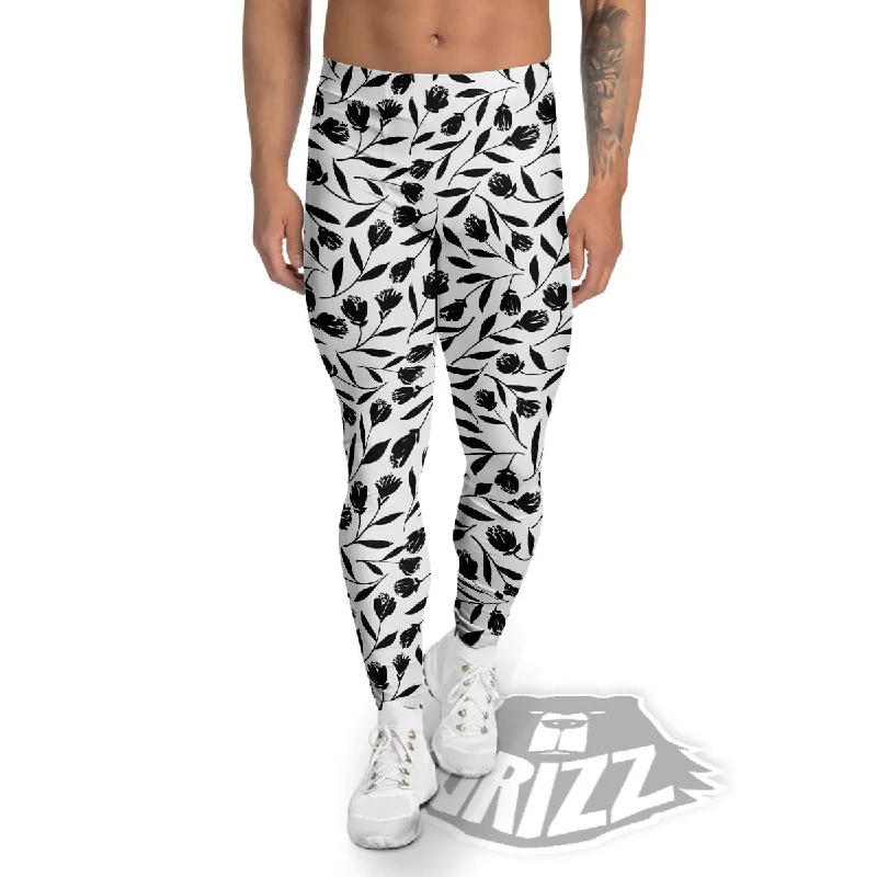 Major Savings Tulip White And Black Print Pattern Men's Leggings