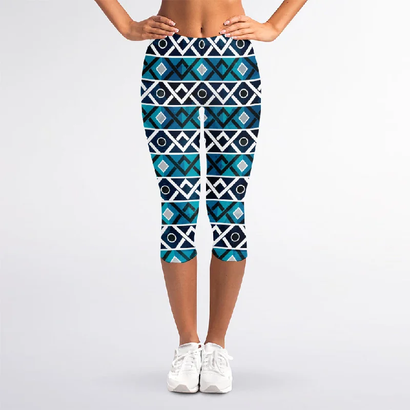 Special Price Turquoise Aztec Geometric Pattern Print Women's Capri Leggings