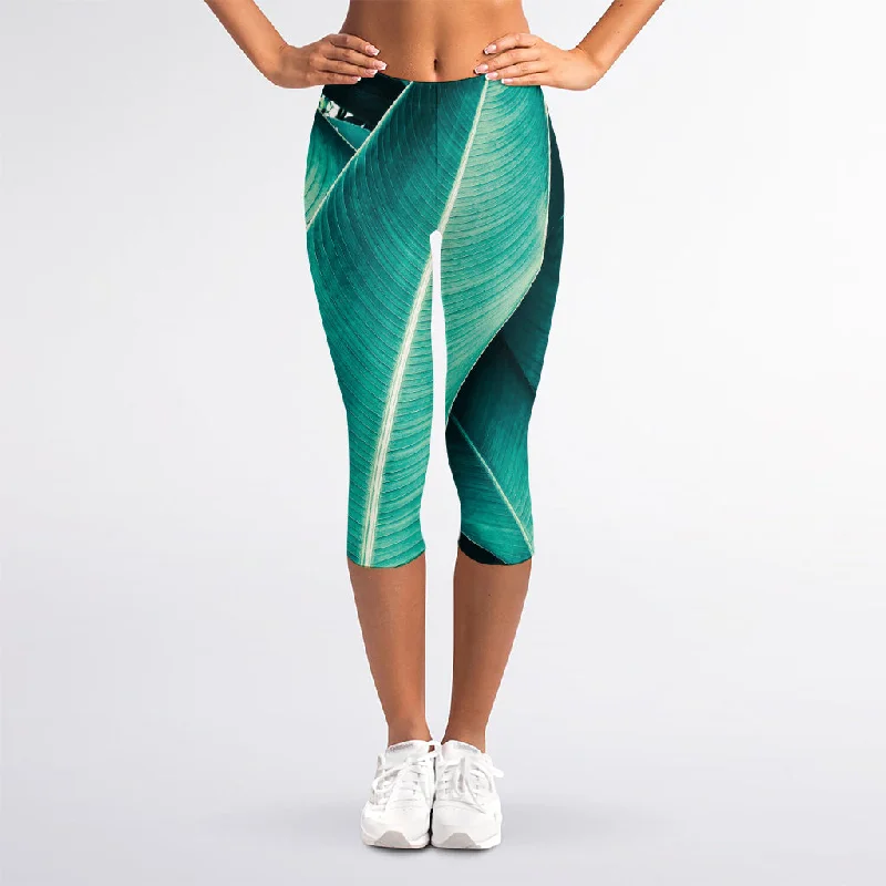 Price Reduction Turquoise Banana Leaf Print Women's Capri Leggings