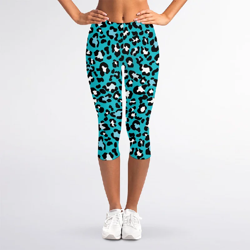 New Deals Turquoise Leopard Print Women's Capri Leggings
