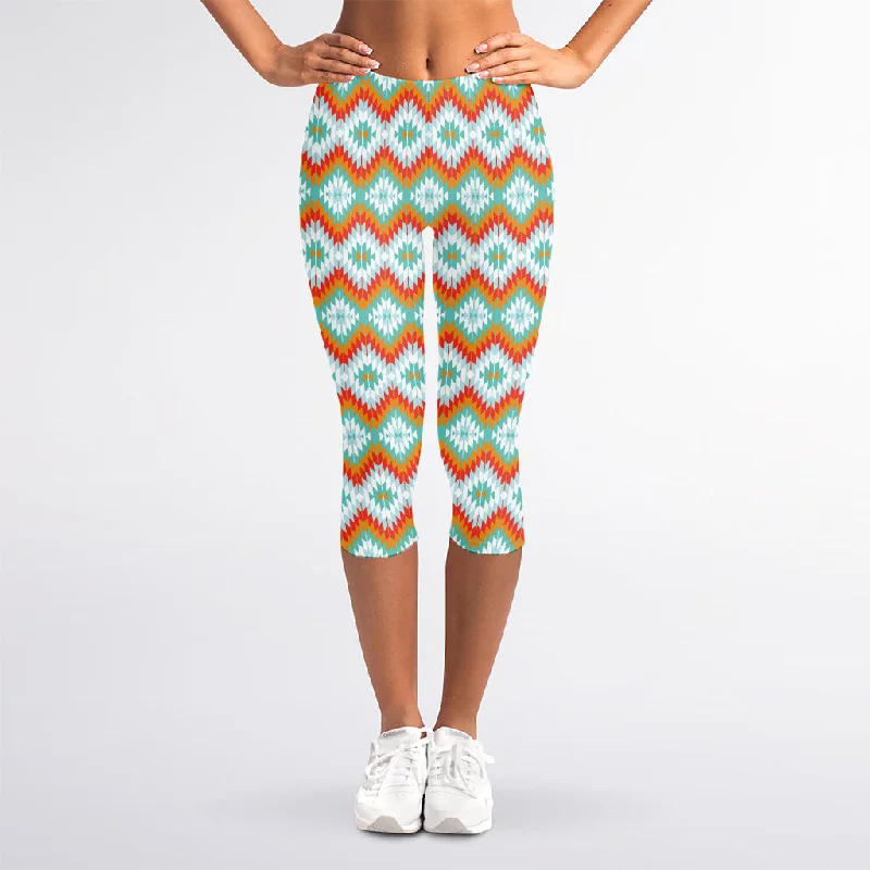 Massive Deals Turquoise Native American Pattern Print Women's Capri Leggings
