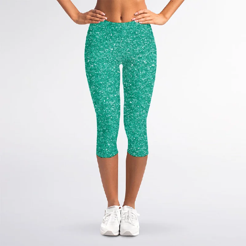 Limited Availability Turquoise (NOT Real) Glitter Print Women's Capri Leggings