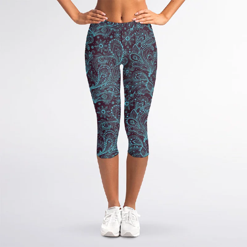 Major Savings Turquoise Paisley Pattern Print Women's Capri Leggings