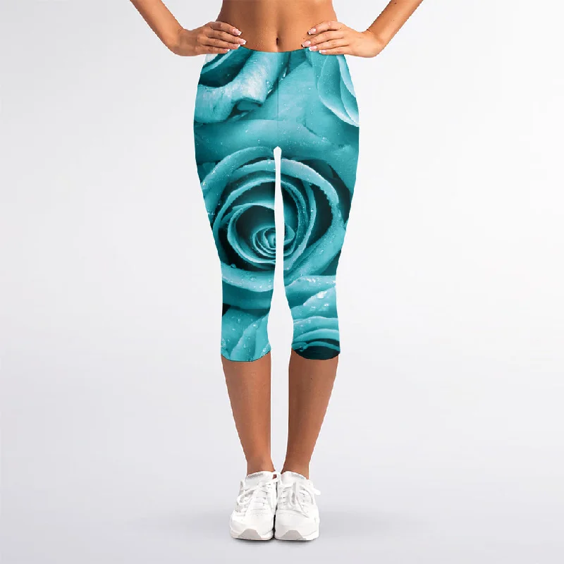 Huge Discounts Turquoise Rose Flower Print Women's Capri Leggings