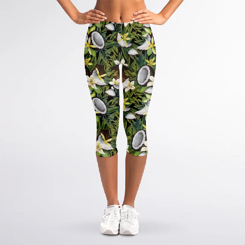 Now or Never Vanilla Flower And Coconut Pattern Print Women's Capri Leggings