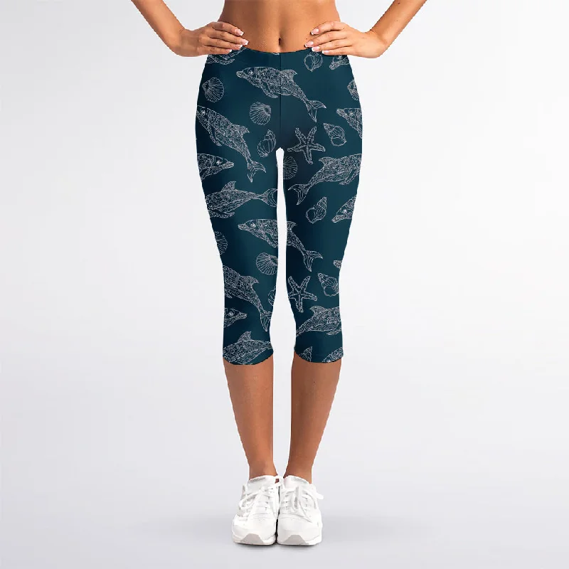 Holiday Sale Vintage Dolphins Pattern Print Women's Capri Leggings