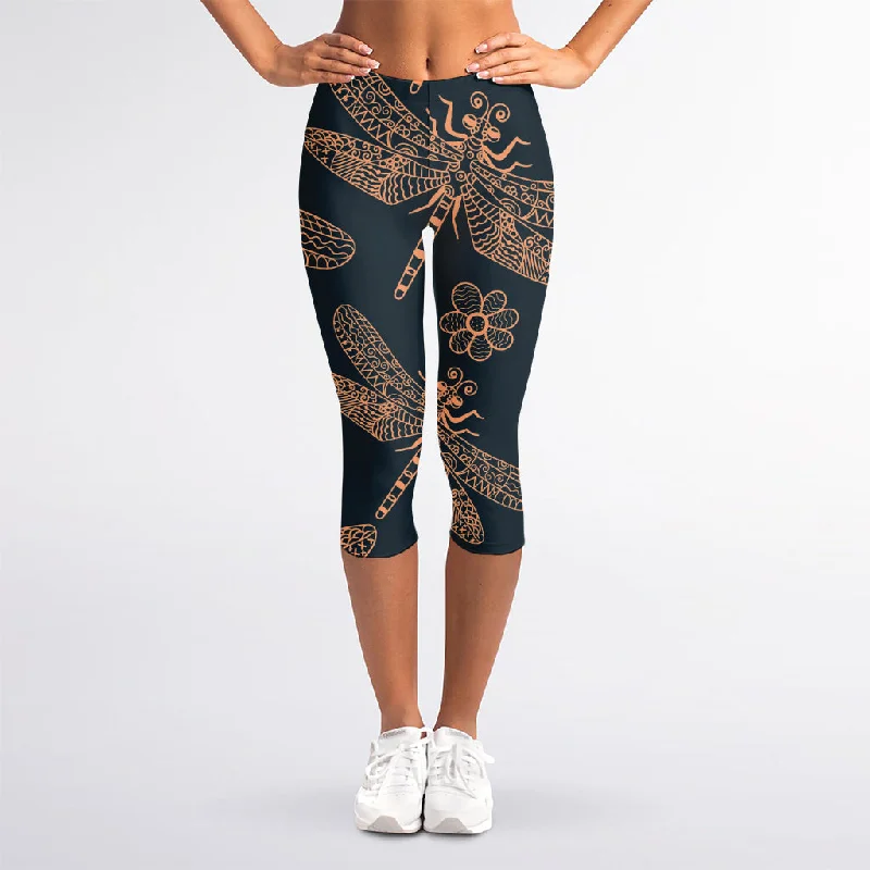 Special Offer Vintage Dragonfly Pattern Print Women's Capri Leggings
