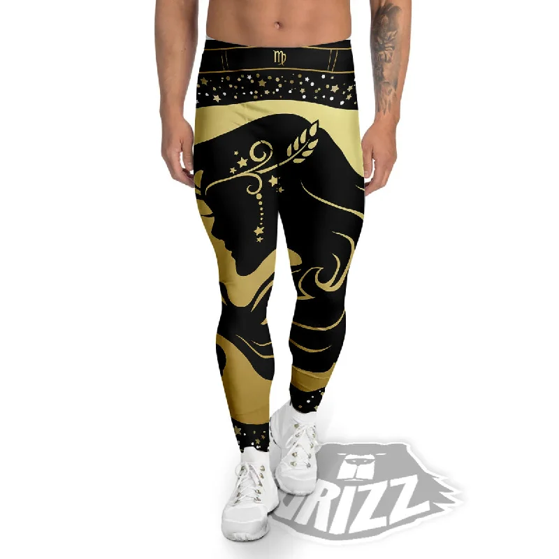 Hurry In Virgo Sign Black And Gold Print Men's Leggings