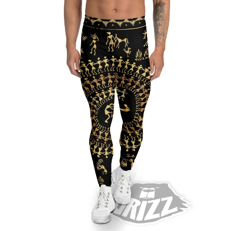 Best Seller Warli Tribal Gold And Black Print Men's Leggings