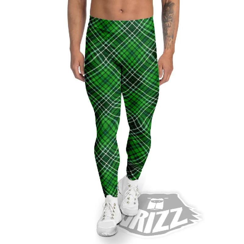 Special Savings White And Green Plaid Print Pattern Men's Leggings