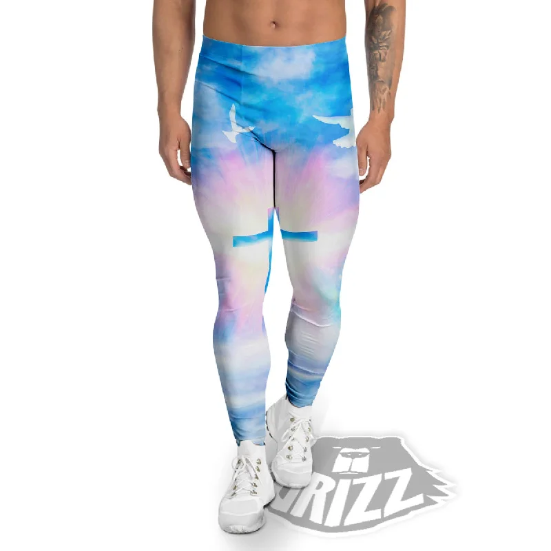 Fantastic Offers White Doves And Christian Cross Print Men's Leggings