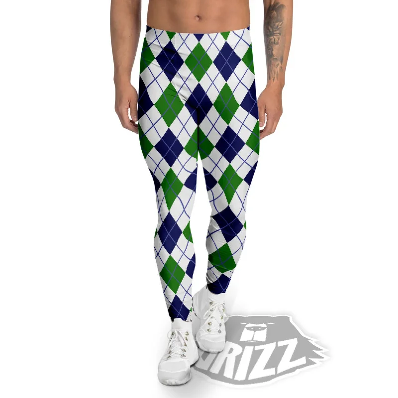 Early Bird Discount White Green And Navy Argyle Print Men's Leggings