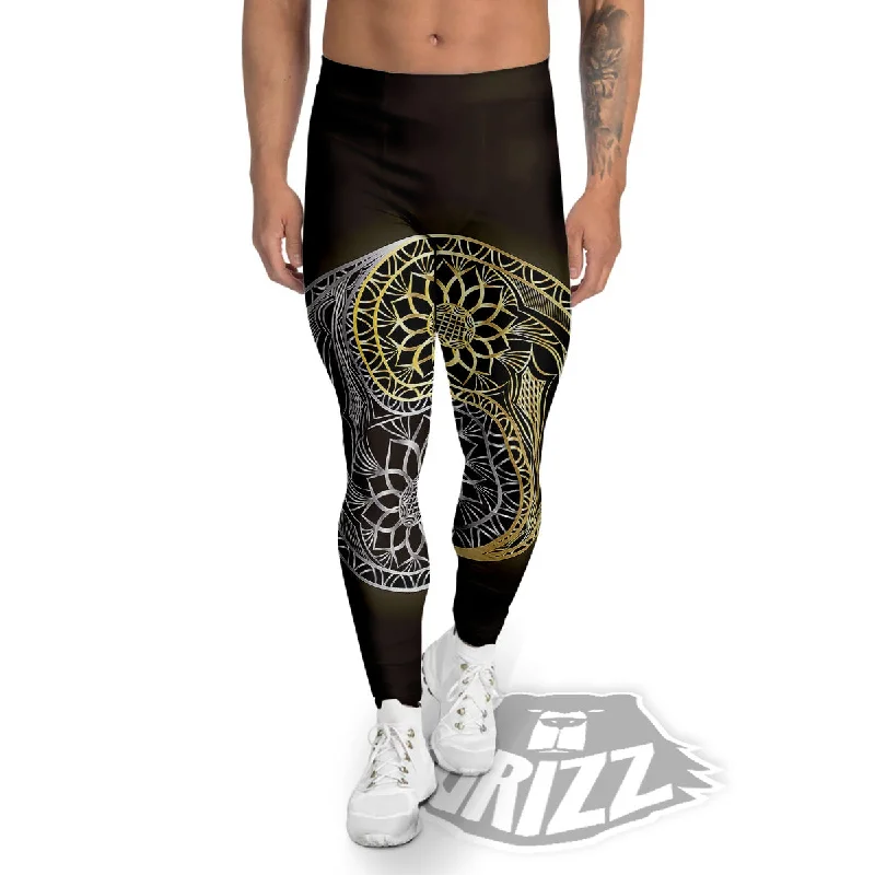 Extra Savings Yin Yang Flower Grey And Gold Print Men's Leggings