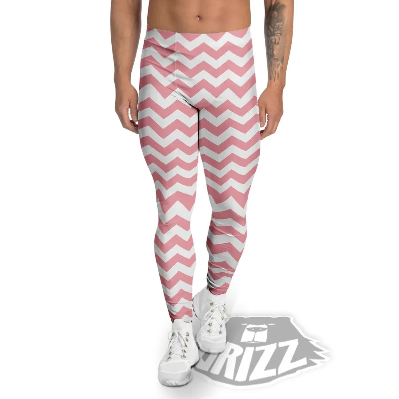 Friends and Family Sale Zigzag White And Pink Print Pattern Men's Leggings