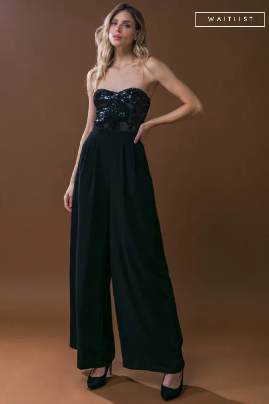 Take Advantage Waitlist 12/20 ♥ Alexa Sleeveless Sequin Bodice Wide Leg Jumpsuit Black