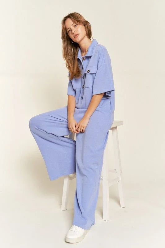 Bargain Prices Basic Collar Shirt Wide leg Jumpsuit