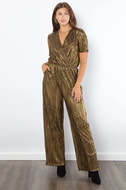 Best Bargains Be Stage Surplice Short Sleeve Pleated Foil Jumpsuit In Gold