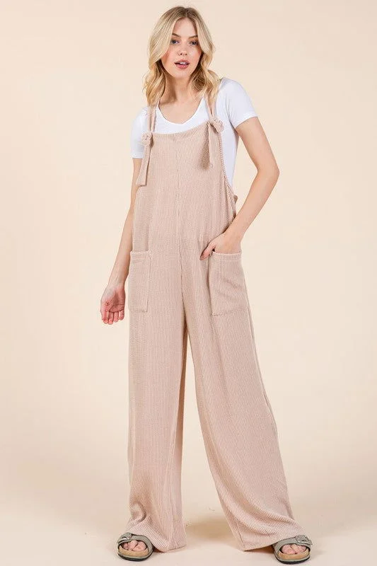 Closeout Sale BOMBOM Knot Straps Wide Leg Ribbed Overalls with Pockets