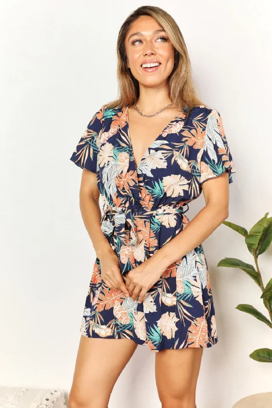 Weekend Special Botanical Print Surplice Neck Tie Waist Romper