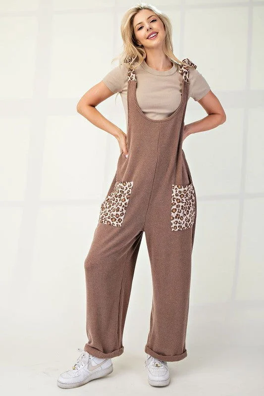 Overstock Sale Celeste Full Size Ribbed Leopard Tied Shoulder Overalls