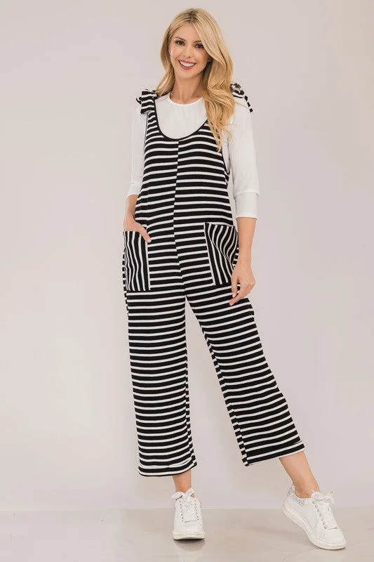 Warehouse Sale Celeste Full Size Striped Scoop Neck Overalls with Pockets