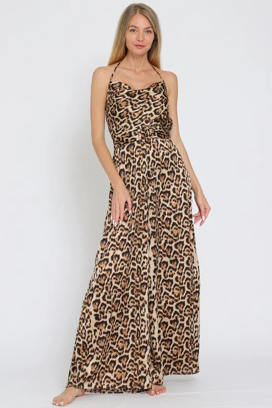 While Supplies Last Celeste Sleeveless Cowl Neck Leopard Print Jumpsuit Brown