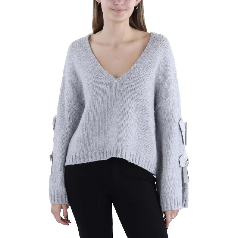 Inventory Reduction Cinq a Sept Womens Wool Bow Trim V-Neck Sweater