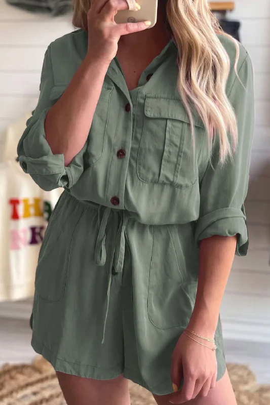 Exclusive Online Offer Collared Neck Drawstring Roll-Tab Sleeve Romper