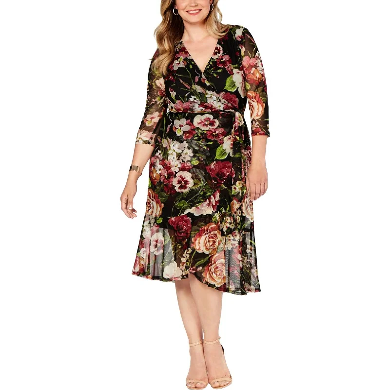 Daily Specials Connected Apparel Womens Plus Mesh Floral Print Wrap Dress
