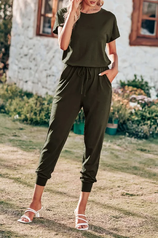Unmissable Offer Short Sleeve Crewneck Drawstring Elasitic Waist Jumpsuit