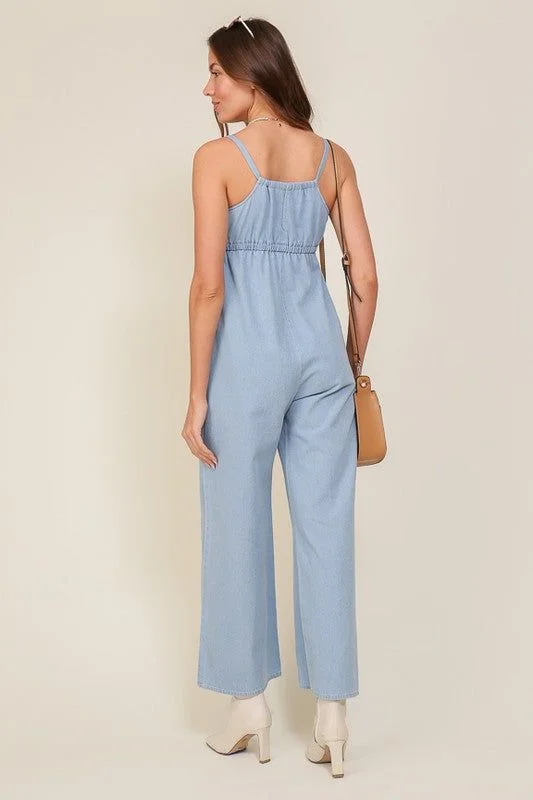 Discount Deals Denim Blue Sleeveless Jumpsuit With Self Front Tie