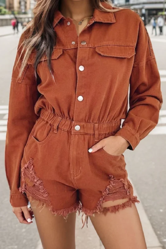 Early Bird Discount Distressed Raw Hem Snap Down Romper