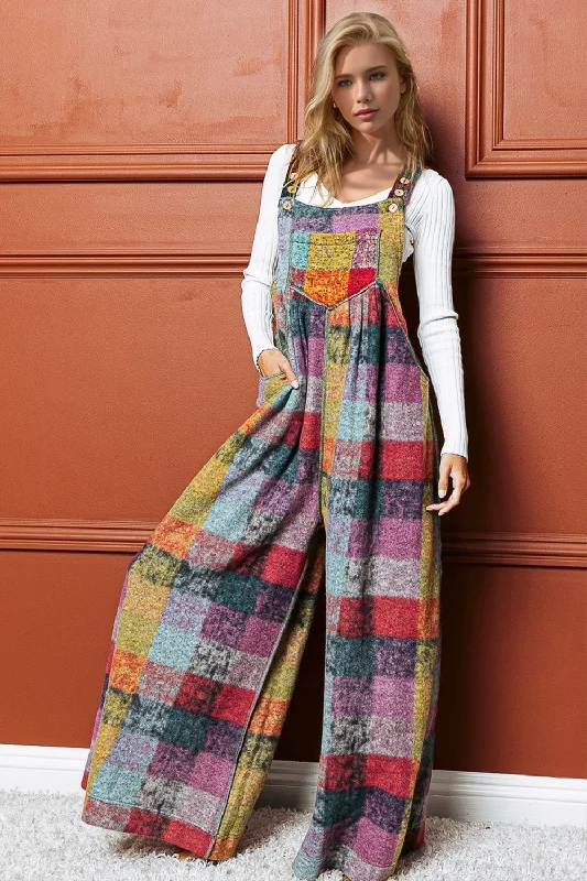 Savings Event Double Take Full Size Plaid Sleeveless Fleece Wide Leg Jumpsuit