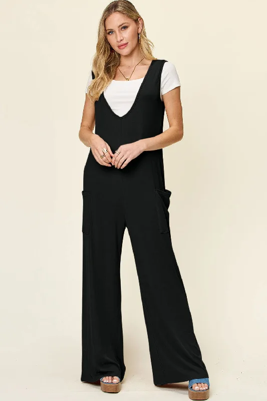 Savings Bonanza Double Take Full Size Sleeveless Wide Leg Jumpsuit with Pockets