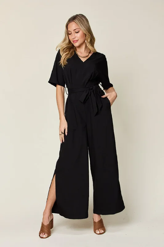 Price Break Double Take Full Size V-Neck Tied Side Slit Jumpsuit