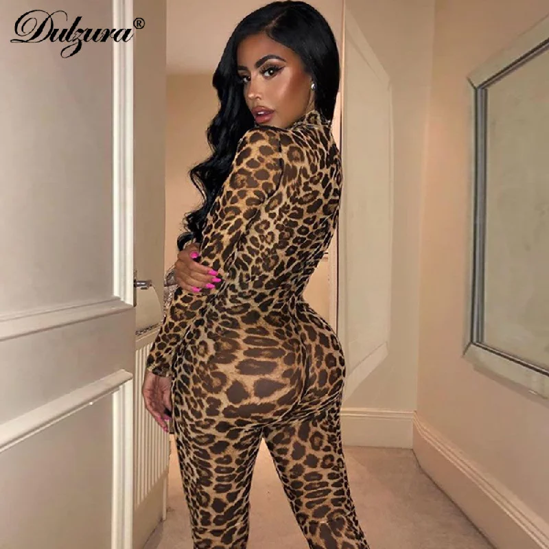 Don't Wait Dulzura leopard print sexy women 2019 autumn winter mesh long jumpsuit bodycon streetwear festival body outfits party clothing