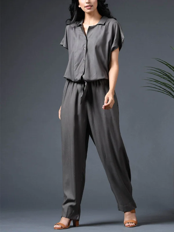 Act Fast Front Tie Belt Jumpsuit Grey