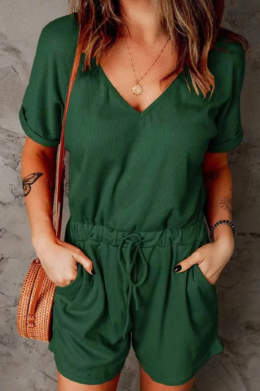 Get It Before It’s Gone Full Size Drawstring V-Neck Short Sleeve Romper