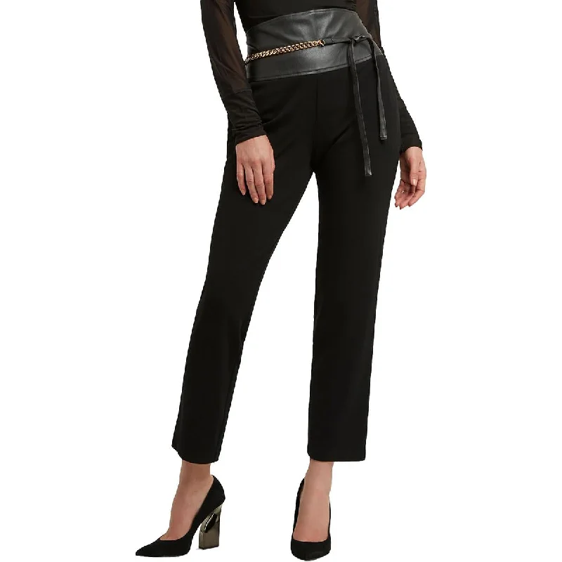 Massive Deals H Halston Womens Faux Leather Trim Belted Straight Leg Pants
