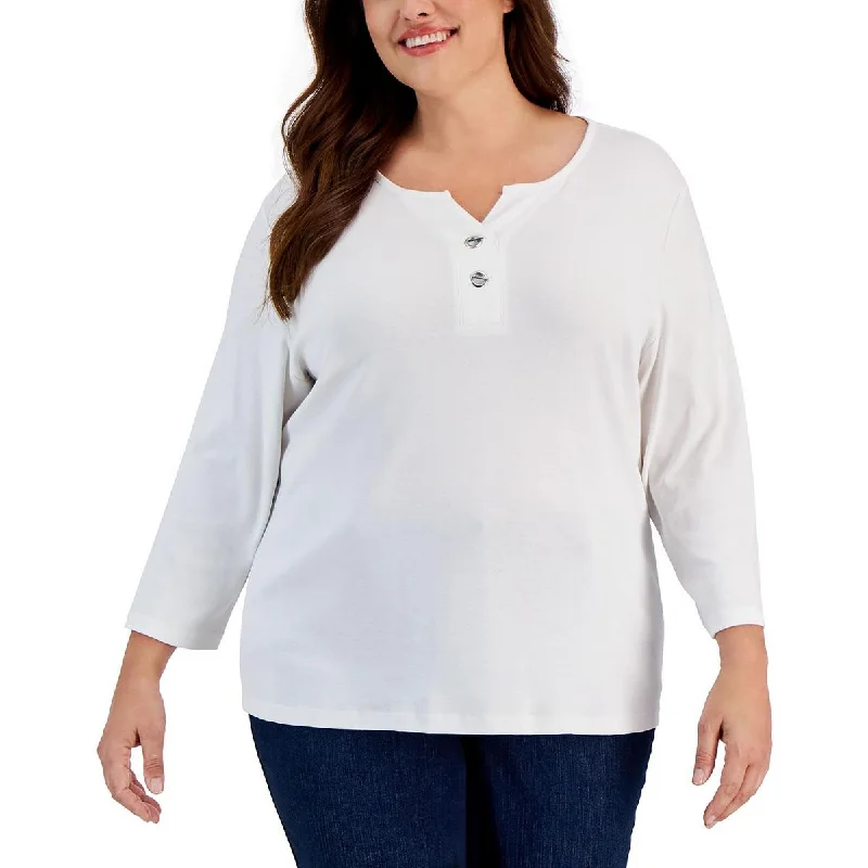 Hot Deal Karen Scott Womens Plus Cotton Toggle Button Neck Blouse