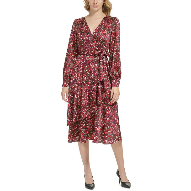 Must-Have Deals Karl Lagerfeld Paris Womens Faux Wrap Midi Fit & Flare Dress