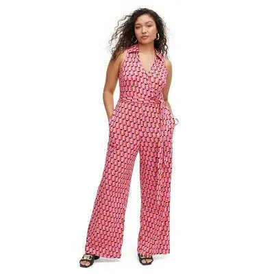 Today's Special Diane von Furstenberg Women's Sleeveless Collared Jumpsuit, Modern Geo Pink