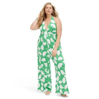 Today’s Deal New - Diane von Furstenberg Women's Halter Jumpsuit Deep V-Neck, Ginkgo Green