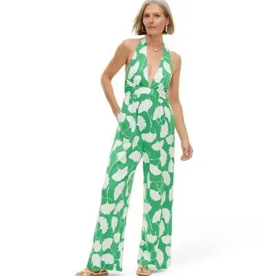 Online Only Diane von Furstenberg Women's Halter Jumpsuit Deep V-Neck, Ginkgo Green
