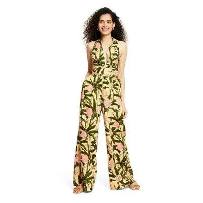 New Markdowns Agua Bendita Sleeveless Cutout Back Full-Length Jumpsuit, Botanical Olive/Yellow