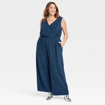 Limited Time Women's Sparkle Knit Jumpsuit - Ava & Viv Blue 1X