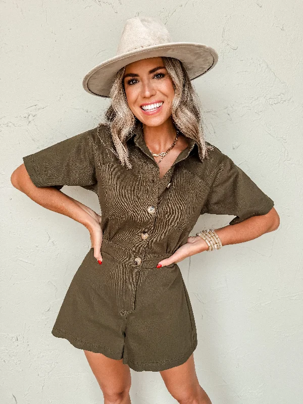 Members Only Just For Today Button Front Romper-Olive
