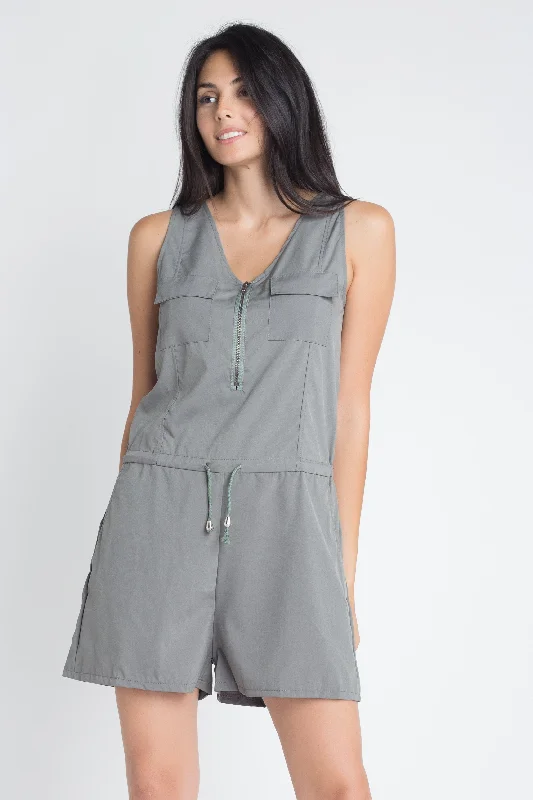 Exclusive Savings Plain Women's Olive Zip Front Sleeveless Romper with Tie Strings