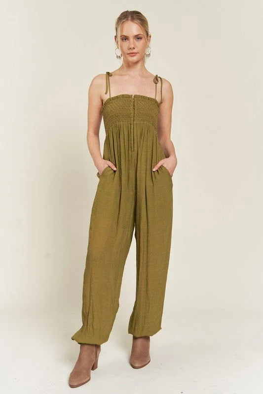 Price Cut Smocked Tie Strap Jumpsuit Plus